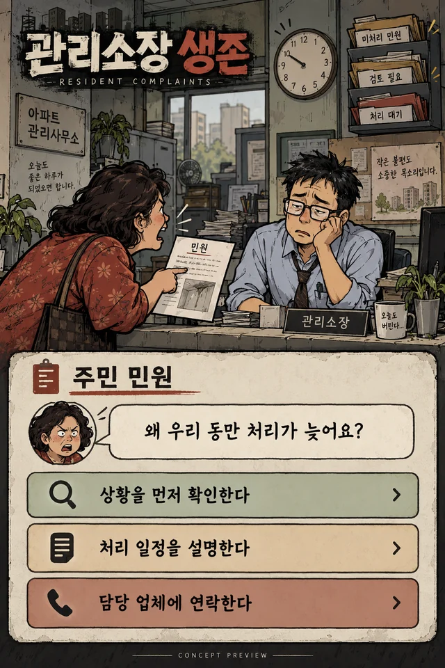 Complaint handling concept: a resident presses a complaint at the management office counter, with response options below as a screen design example