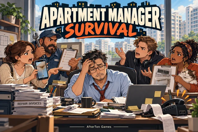 Key concept art for APT Tycoon: a stressed apartment manager at a cluttered desk, surrounded by residents and a repair worker all making demands