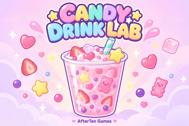 Promotional illustration for Candy Drink Lab: a pink drink cup filled with strawberries, gummies and star candies
