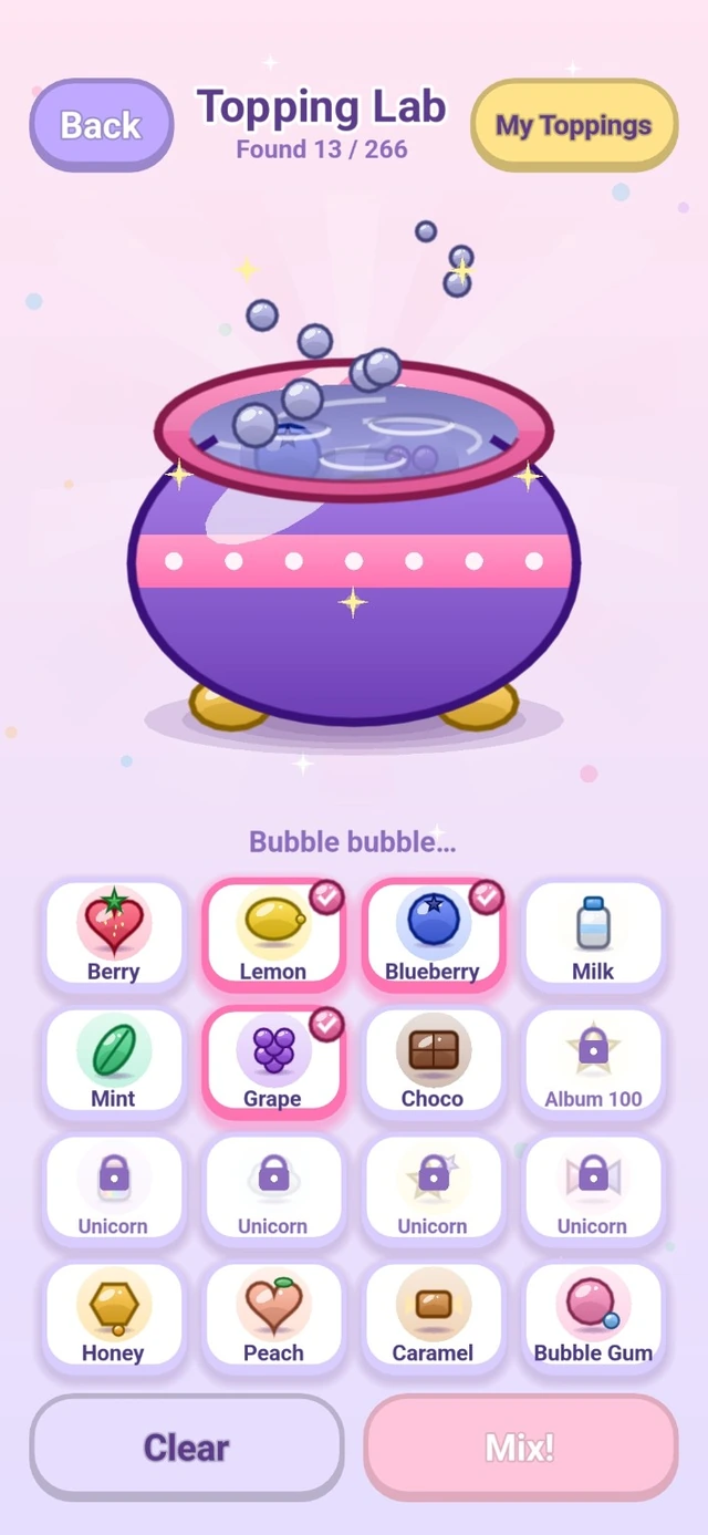 Development build screenshot: the Topping Lab, where toppings such as Berry, Lemon and Blueberry are picked and mixed in a cauldron