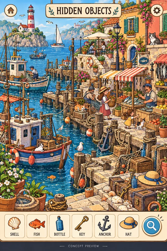 Gameplay concept: an illustrated harbor market with fishing boats and stalls, with an example list of items to find along the bottom