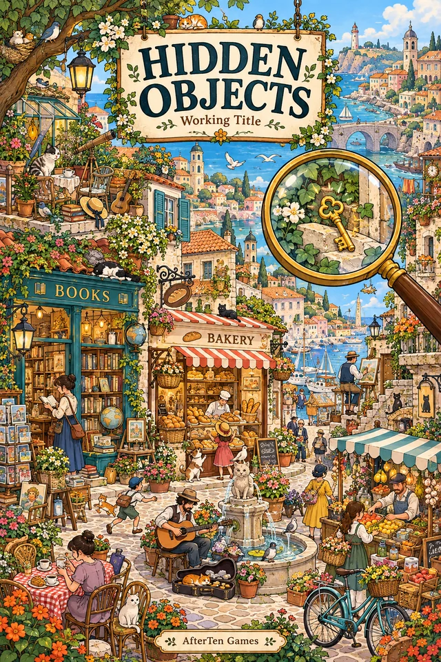 Key concept art for Hidden Moments: a seaside town full of flowers and shops, with a magnifying glass revealing a key hidden in the ivy