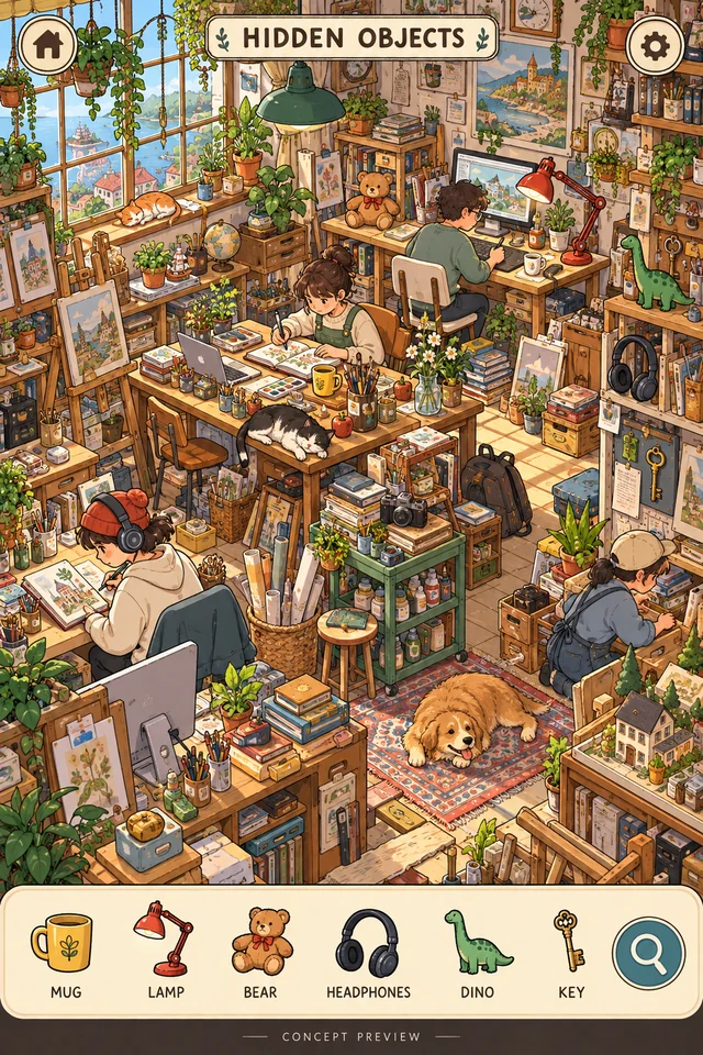 Gameplay concept: an illustrated studio packed with plants, books and art supplies, with an example list of items to find along the bottom