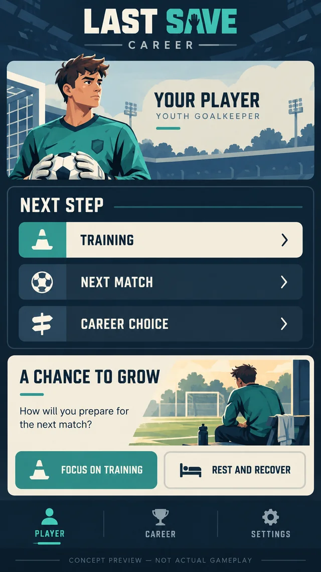 Career concept: a menu screen design example showing player details and next-step options