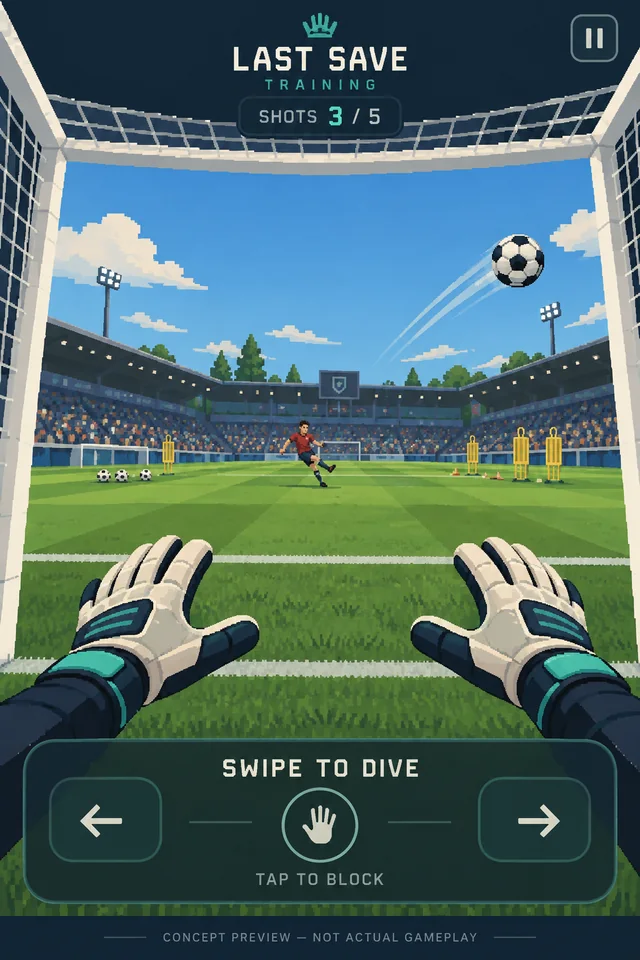Gameplay concept: a screen design example seen from the goalkeeper’s point of view as a shot comes in