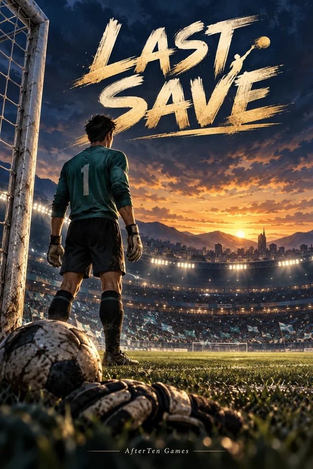 Key concept art for Last Save: at sunset, a goalkeeper wearing number 1 stands by the goalpost looking out over a packed stadium