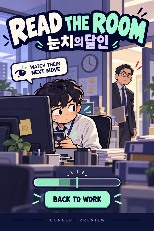 Office theme concept: the hero glances at a phone while a boss watches from the doorway