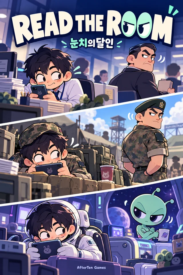 Key concept art for Read the Room: in three scenes — an office, a military base, and a spaceship — the hero sneaks a look at a phone while watching a boss, a drill instructor, and an alien